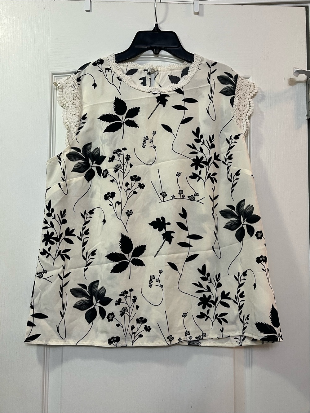 SHEIN Cream Top with Black Floral Print and Lace Cap Sleeves